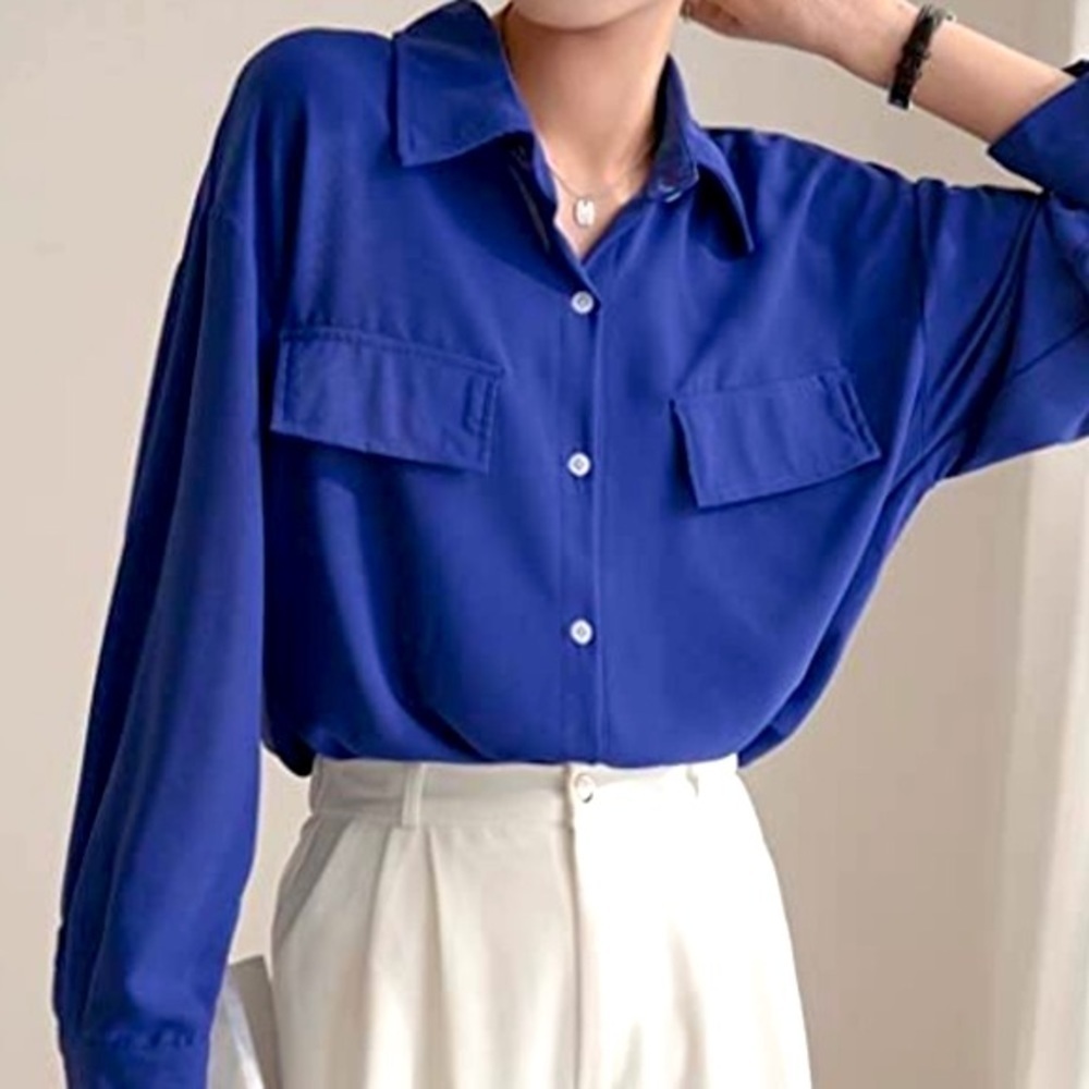 Royal blue 100% silk vintage button down shirt, size XS, made in Hong Kong
